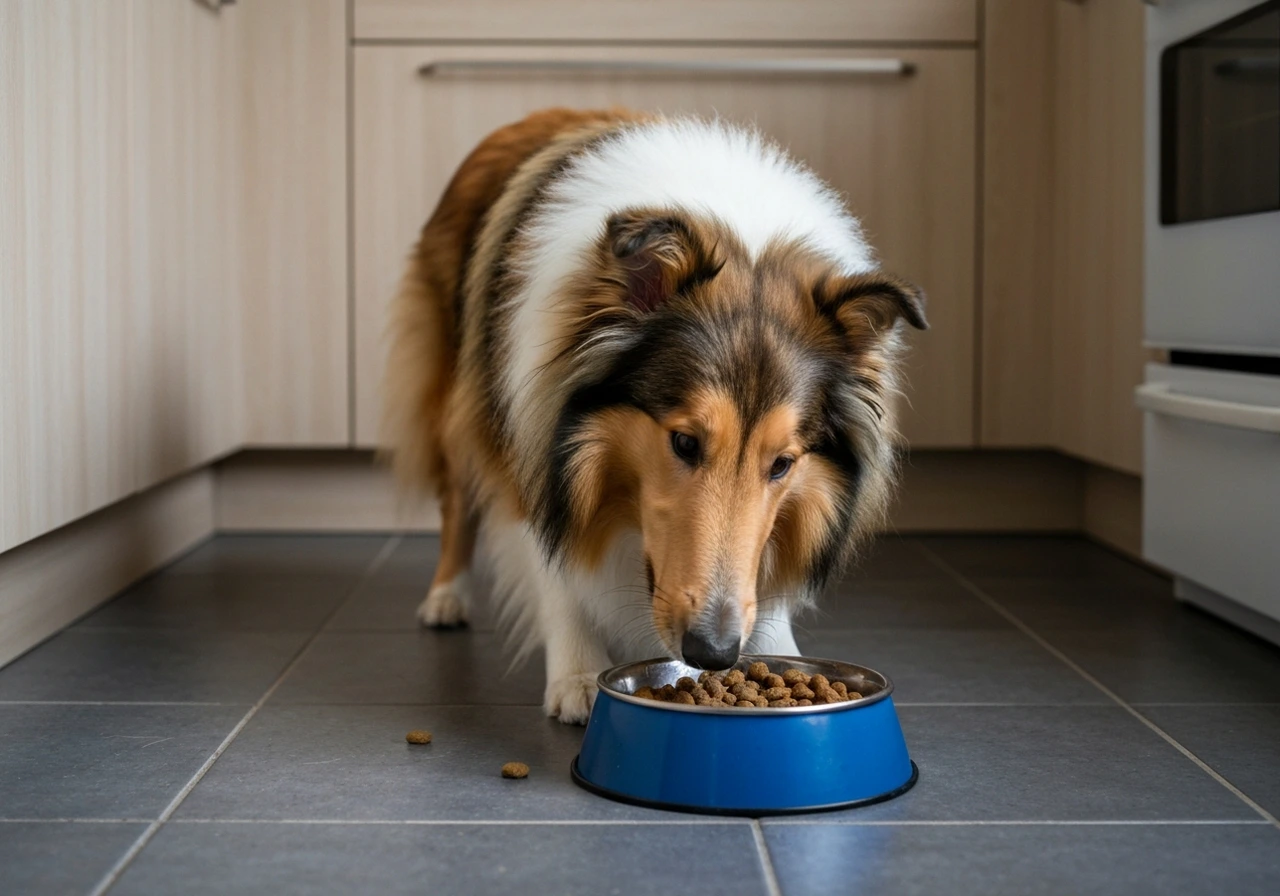 Collie with food bowl and supplies