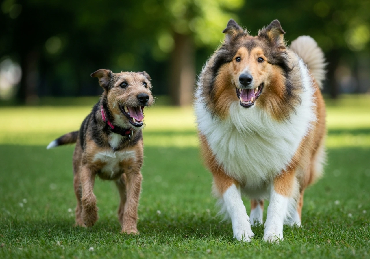 Collie socializing with other dogs